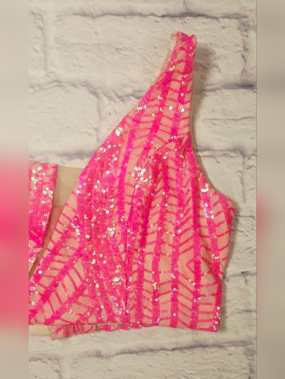 Neon Pink Sequin Two Piece Formal Set One Shoulder Crop Top Maxi Skirt - Picture 7 of 14